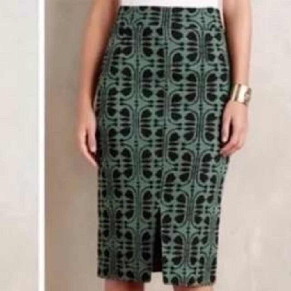 MAEVE ANTHROPOLOGIE GREEN BEAUTIFUL GEO SEXY LONG SLIT PENCIL SKIRT EUC SZ S